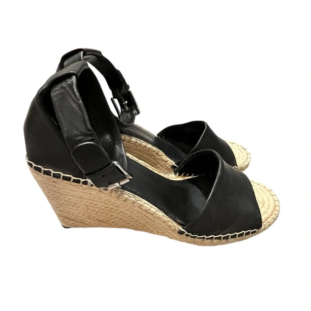 NEW Vince Camuto Black Leather Leera Espadrille Wedge Sandals Shoes size 10